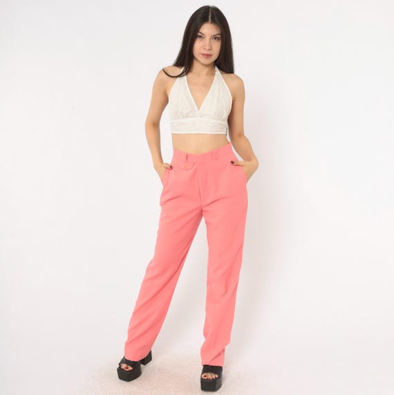 70s Peach Pants High Waist Straight Leg Coral Pink Trousers Salmon Pleated Front Pocket Disco Era Barbiecore Coquette Vintage Womens Small S