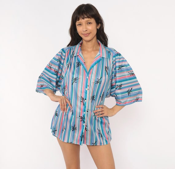 70s Striped Blouse Teal Pink Abstract Leaf Print Button Front Puff Sleeve Loose Fit Blue White Multicolor Summer Shirt Vintage Top Large L