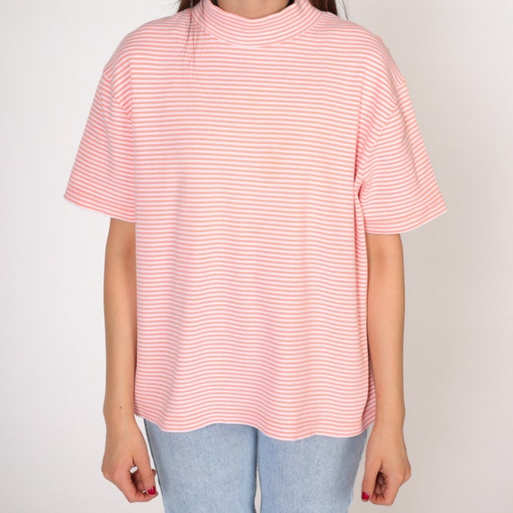 90s Striped Shirt Salmon Pink White T-Shirt Mock … - image 6