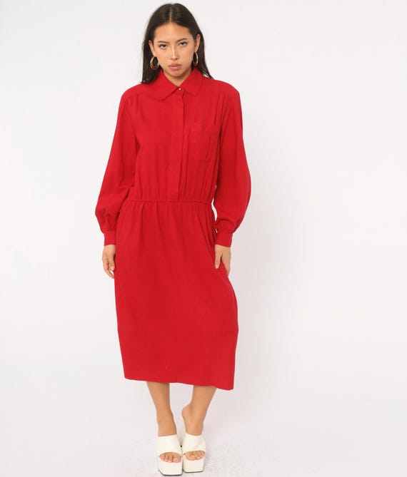 90s Red Silk Shirt Dress Midi Long Sleeve Elastic Waist Collared Button Front Argenti Crimson Scarlet Blouson Modest Vintage Medium M