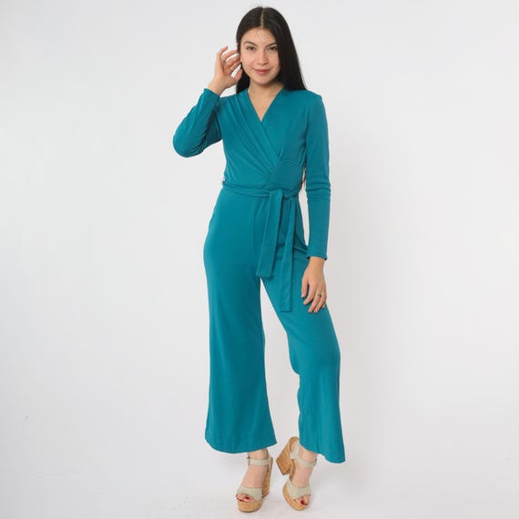 70s Jumpsuit Turquoise Wrap Front Long Sleeves Wide Leg Bell Bottom Vintage Boho Hippie V Neck Tie Waist One Piece Pantsuit Flares Small S