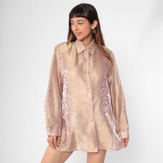 Vintage Iridescent Blouse 90s Pink Rose Gold Semi Sheer Shiny Button Down Shirt 1990s Jacquard Party Top Long Sleeve Collared Extra Large xl