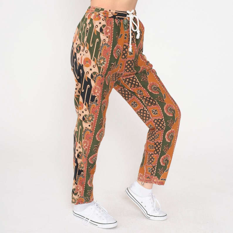 Baggy Floral Pants 90s Batik Tapered Relaxed Pants Burnt Orange Green Striped High Waist Pants Flower Trousers Vintage Small Medium image 5