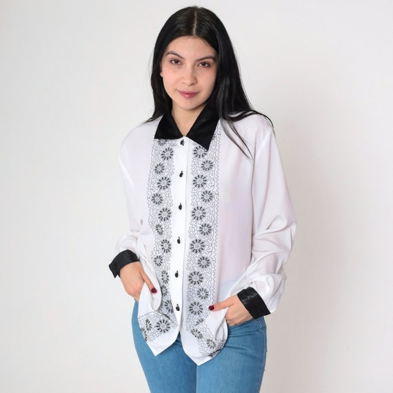 Floral Embroidered Top 90s Semi-Sheer White Button up Top Black Flower Embroidery Long Sleeve Blouse 1990s Vintage Claudia Richard Medium M