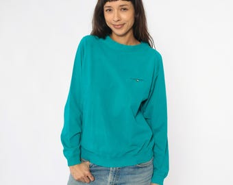 90er Türkis Sweatshirt Baumwolle Raglan Ärmeltasche Knopf Detail Langarm Pullover Petrol Minimalistisch Lässig Sportlich Vintage Medium M
