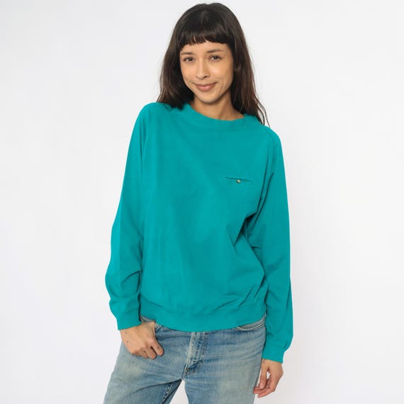 90s Turquoise Sweatshirt Cotton Raglan Sleeve Pocket Button Detail Long Sleeve Pullover Teal Minimalist Casual Athletic Vintage Medium M