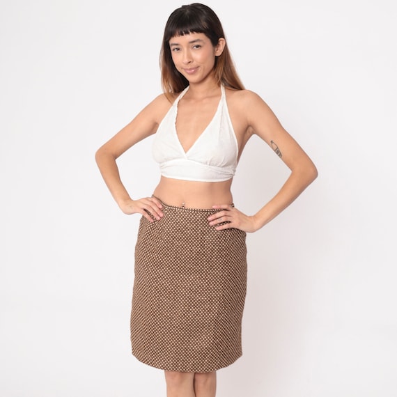Brown Knit Skirt 90s Polka Dot Textured Tessalation Print High Waisted Kick Pleat Knee Length Skirt Retro Vintage 1990s Small 6P Petite