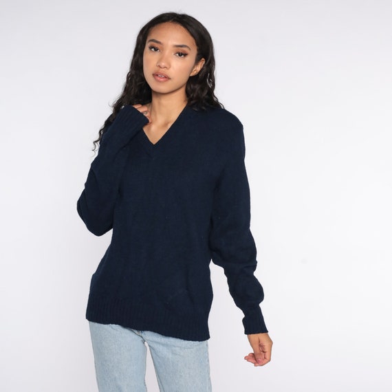 Navy Blue Wool Sweater Puritan V Neck Sweater 80s Pullover Slouchy Plain Knit Vintage 1980s Cozy Jumper Men's Medium Large