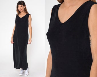 Black Maxi Dress 90s Stretchy V Neck Long Dress Grunge Sleeveless Tank Dress Simple Basic Plain Minimalist Day Dress Vintage 1990s Medium M