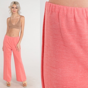 Pink Flare Pants 70s Bellbottom Pants High Elastic Waist Flared Trousers Retro Creased Bell Bottoms Seventies Hippie Vintage 1970s Medium M