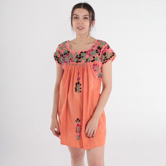 Oaxacan Dress 70s Mexican Floral Embroidered Mini Dress Orange Peasant Puebla Dress Tent Tunic Hippie Summer Cotton Vintage 1970s Small S