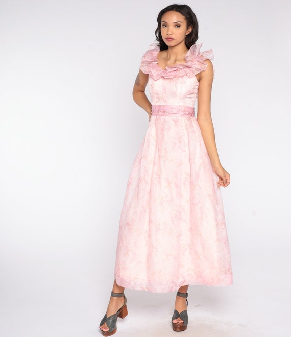 70s Princess Dress Baby Pink Floral Print Prom Dress Boho Maxi Formal Party Ruffle 1970s Bohemian Vintage High Waist Sleeveless Small Medium