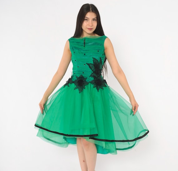 80s Emerald Green Party Dress Floral Hem Tulle Skirt Fit Flare Boat Neck Black Cocktail Prom Glam Formal Weird Girl Gothic Extra Small XS