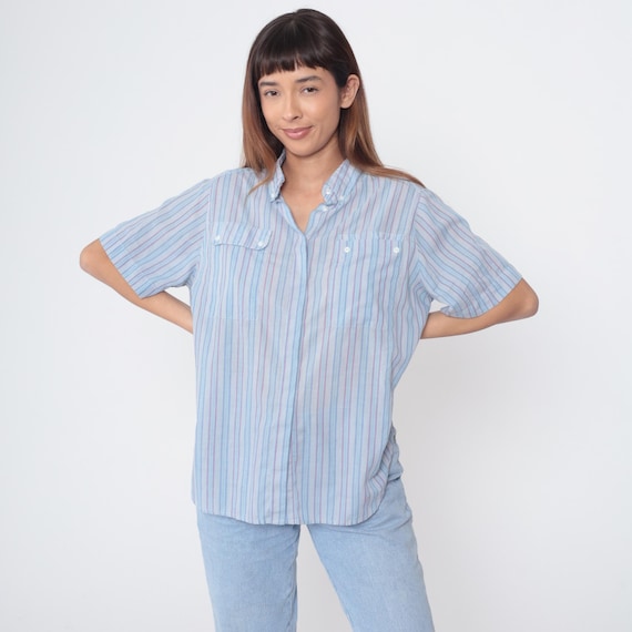 Light Blue Striped Shirt 80s Pink Purple Pinstripe Vintage Signature Short Sleeve Button Up Preppy Pastel Normcore Casual Wear Large L 16