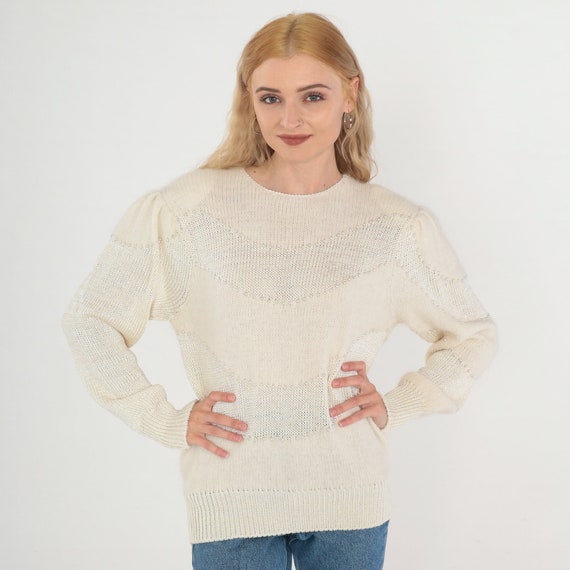 Pearl Beaded Sweater 80s Off White Knit Pullover Sweater Puff Sleeve Jumper Mohair Blend Retro Girly Spring Crewneck Vintage 1980s Medium M