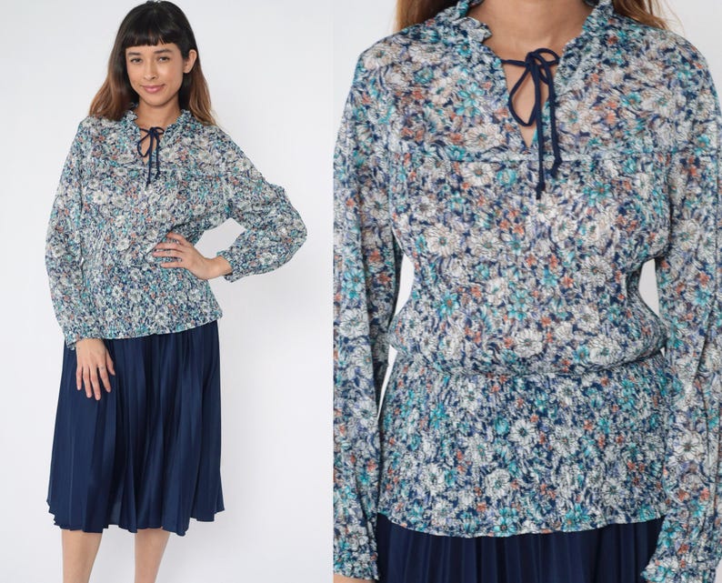 Vintage 70s Floral Lace Boho Dress Blue Long Sleeve Ruffle Collar High ...