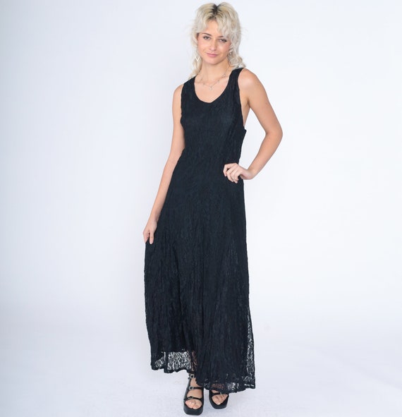 Black Lace Dress 90s Maxi Dress Sleeveless Criss Cross Long Boho Party Gothic Glam Formal Cocktail Evening Vintage 1990s Nostalgia Large L