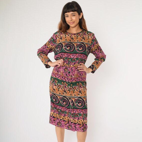 90s Floral Midi Dress Geometric Flower Print Day Dress Boho Purple Green Swirl High Waisted Hippie Long Sleeve Vintage 1990s Rayon Medium M
