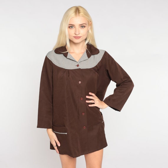 Vintage 70s Brown Blouse Checkered Yoke Button Up Tunic Top Plaid Retro Pockets Hippie Seventies Long Sleeve Tent 1970s Medium M