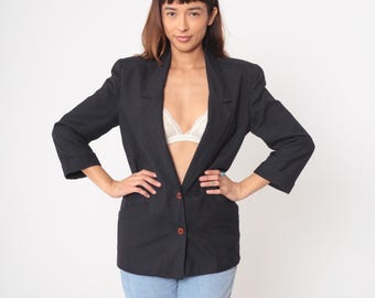 90s Black Blazer Two Button Front Professional Work Jacket Classic Tailored Hip Length Vintage Office Business Wear Structured Medium M