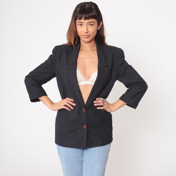 90s Black Blazer Two Button Front Professional Work Jacket Classic Tailored Hip Length Vintage Office Business Wear Structured Medium M