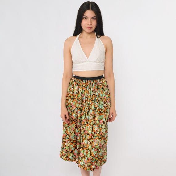 Vintage Floral Velvet Midi Skirt 70s Boho High Waisted Orange Green 1970s Bohemian Hippie Festival Full Skirt Retro Women's 2xs 22" Waist