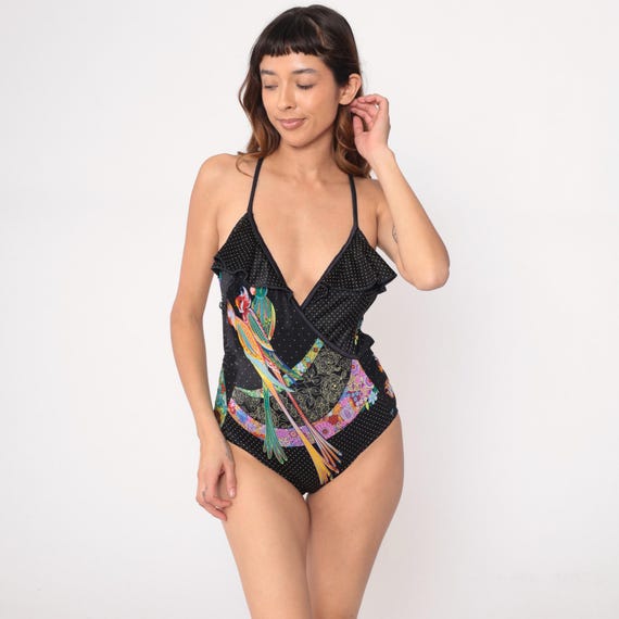 90s Parrot Swimsuit Tropical Floral One Piece Black Polka Dot Cross Back V Neck Ruffle Vintage Colorful Summer Beach Vacation Medium M