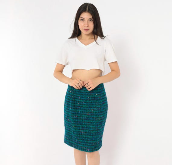 Teal Bouclé Pencil Skirt 2000s Jones New York Wool Mohair Tweed Knee Length Blue Green Woven Texture Office Professional Fitted Small S