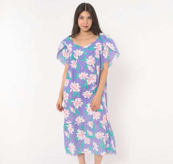 80s Hawaiian Muumuu Dress Purple Floral Orchid Print Teal Flutter Sleeve V Neck Midi Ruffle Hem Cotton Aloha Plus Size Extra Extra Large XXL