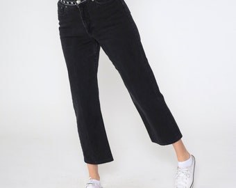 Pantalones vaqueros tobilleros Tommy Hilfiger Y2K, pantalones cortos de mezclilla negros, estampado del logotipo TH, cintura media, pierna recta, ropa de calle de diseñador, años 00, talla mediana 29