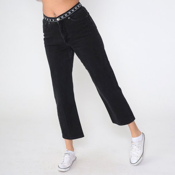 Tommy Hilfiger Ankle Jeans Y2K Black Denim Cropped Pants TH Logo Print Waist Mid Rise Straight Leg Designer Streetwear Vintage 00s Medium 29