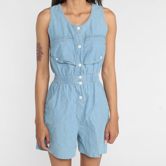 Denim Romper 90s Light Blue Chambray Playsuit Ret… - image 5