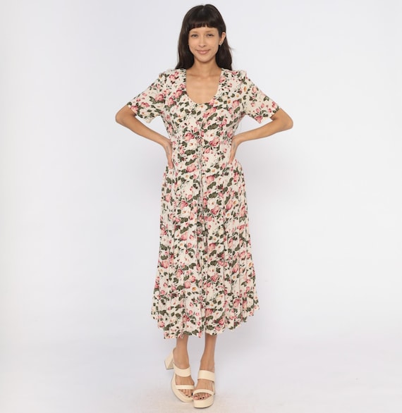 90s Rose Midi Dress Cream Pink Floral Tie Front Short Sleeve Prairie Cottagecore Soft Grunge Alt Garden Party Green Leaf Vintage Medium M