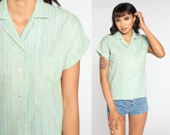 Green Striped Shirt 80s Pastel Blouse Button Up Shirt Cotton Blend Shirt Vintage Short Cap Sleeve Blouse 1980s Small S