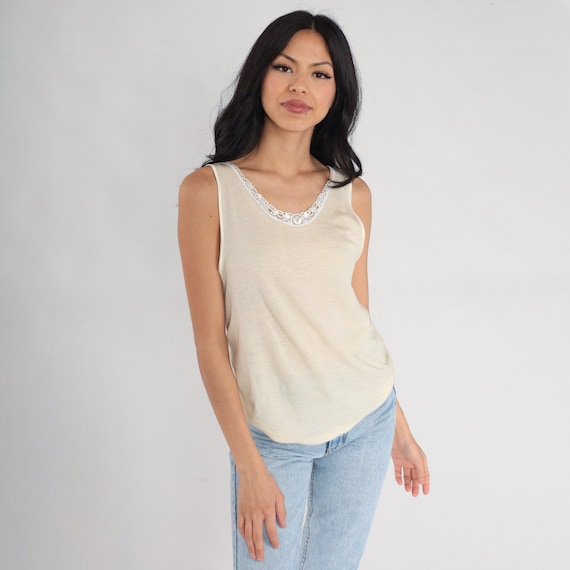 Wool Silk Cami Tank Top 00s Cream Lace Trim Cami Top Romantic Sleep Shirt Vintage Y2K Sexy Sleeveless Simple Plain Feminine Large