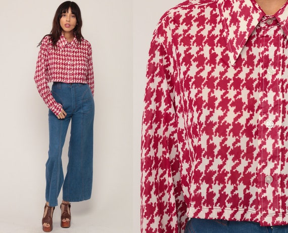 Checkered Crop Top HOUNDSTOOTH Shirt 70s Long Sleeve Shirt Red Plaid Blouse Button Up Hipster Retro Shirt Vintage Large