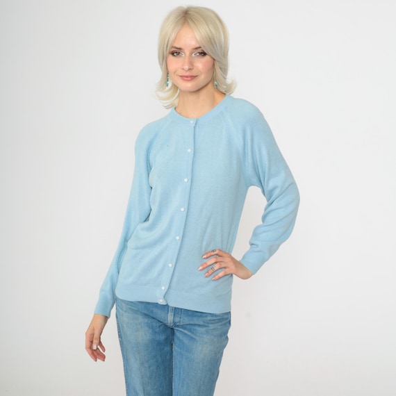 Baby Blue Cardigan Y2k Pastel Knit Button up Sweater Plain Basic Slouchy Simple Knitwear Vintage 00s Raglan Sleeve Medium M