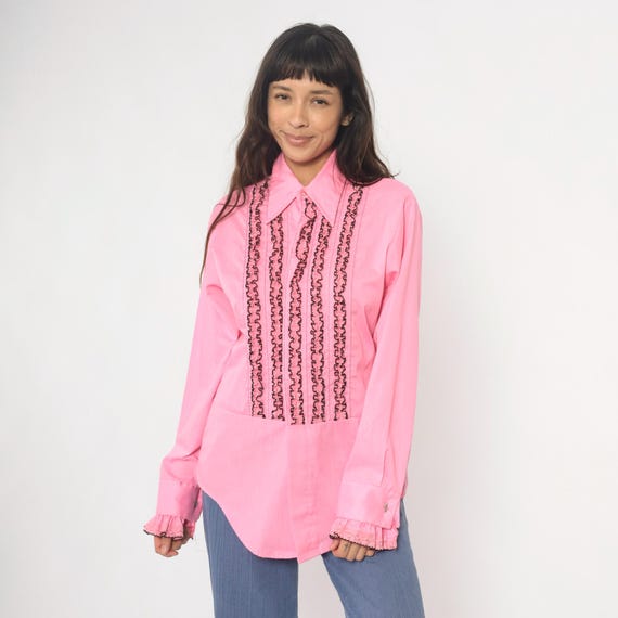 70s Pink Tuxedo Shirt Black Lace Embroidery Tuxedo Bib Front Ruffled Cuffs Collared Shirt Victorian Prairie Continental Fashions Medium M