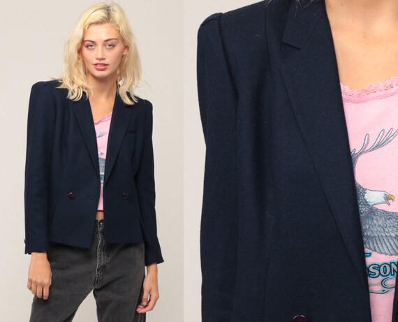 Wool Blazer Jacket 80s Jacket Navy Blue Jacket Vintage Blazer Small