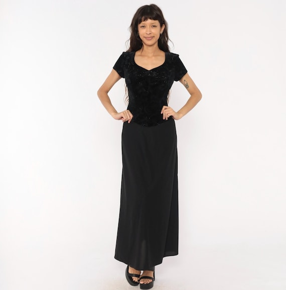90s Velvet Bodice Maxi Dress Black Floral Burnout V Neck Short Sleeve Sweetheart Neckline Goth Evening Gown Floor Length Extra small XS