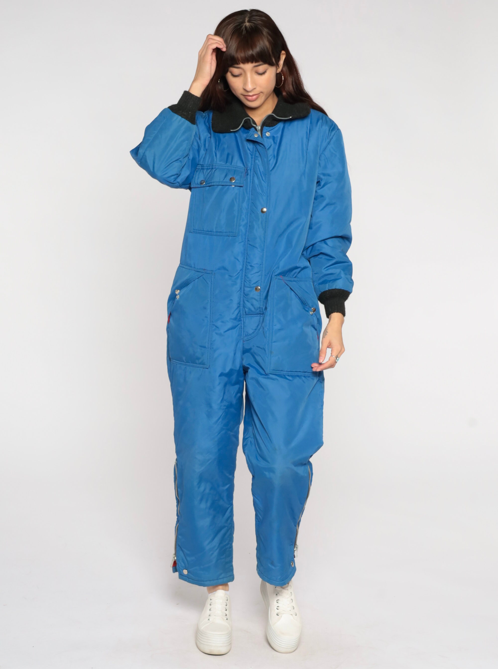 Hooded Ski Suit 70s 80s Blue Insulated Jumpsuit One Piece Snowsuit ...