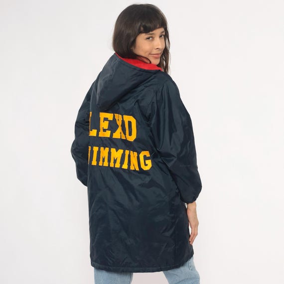 80s Swimming Team Jacket Coat Dark Blue LEXD Windbreaker Hooded Full Zip Fur Lined Athletic Gorpcore Vintage Sports Outerwear Small S