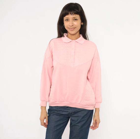 Quilted Collared Sweatshirt 90s Pink Polo Pullover Blush Rose Cotton Relaxed Fit Ribbed Cuff Waistband Casual Henley Top Vintage Large L