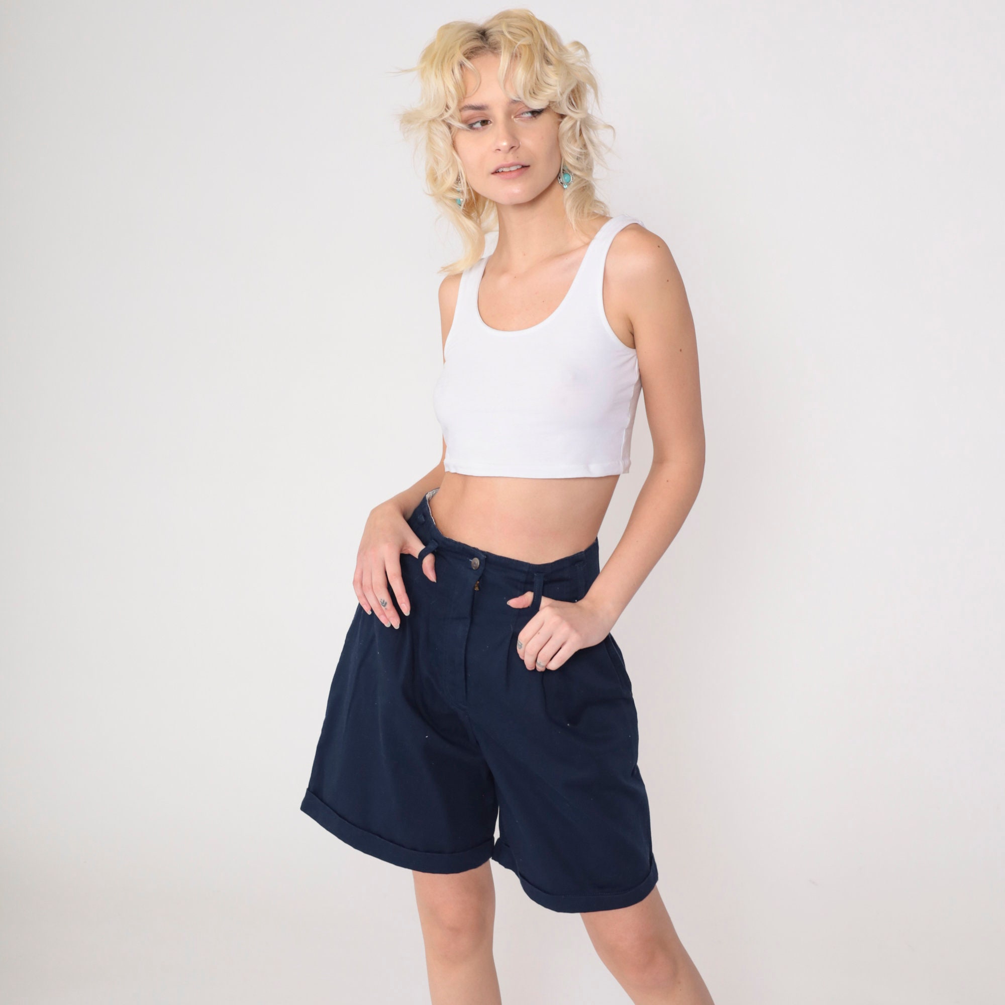 90s Trouser Shorts Navy Blue Pleated Preppy Shorts High Waisted