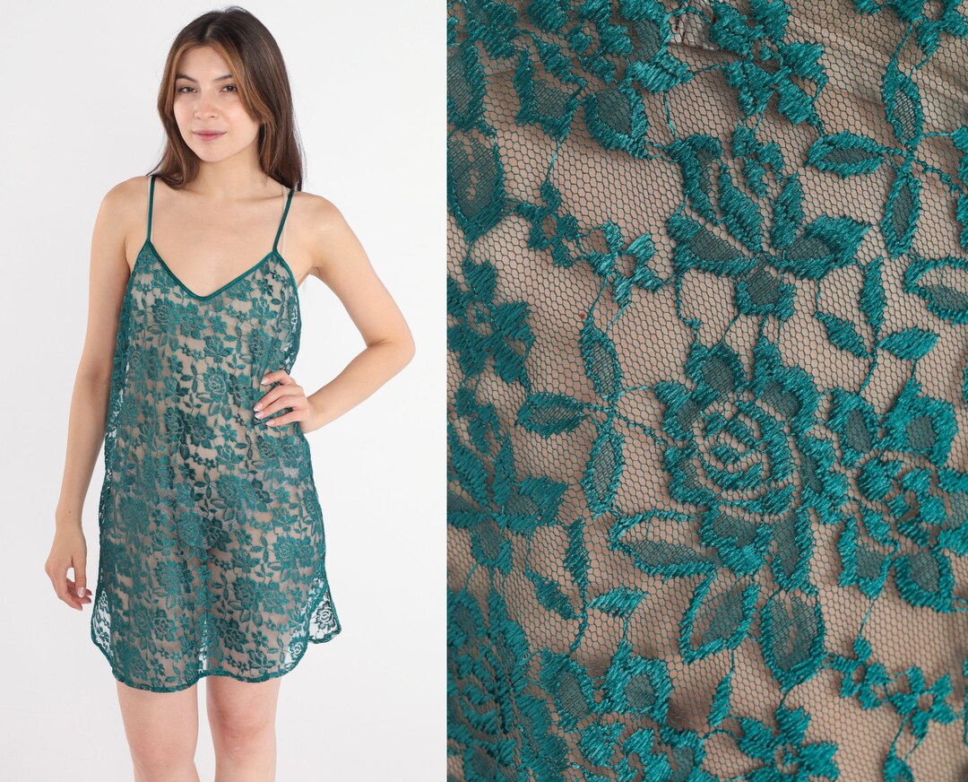Sheer Green Lace Slip 90s Chemise Lingerie Nightgown Slip Dress Mini