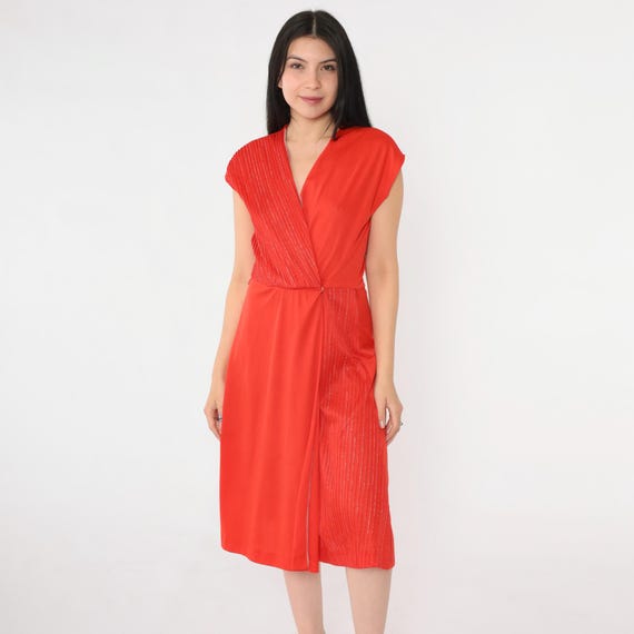 70s Red Wrap Dress Vintage Metallic Striped V Neck Midi Dress 1970s Boho High Waisted Retro Cap Sleeve Polyester Bohemian Small