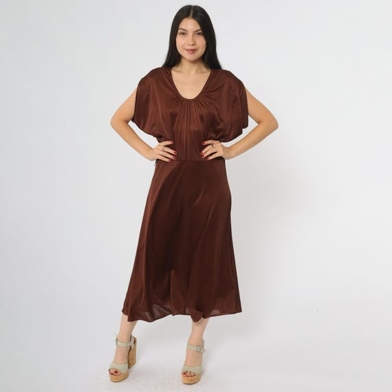 70s Disco Dress Chocolate Brown Vintage Deep V-Neck Cutout Back Gathered Waist Cap Sleeves Midi Party Studio Chic Perfect Medium Large M L