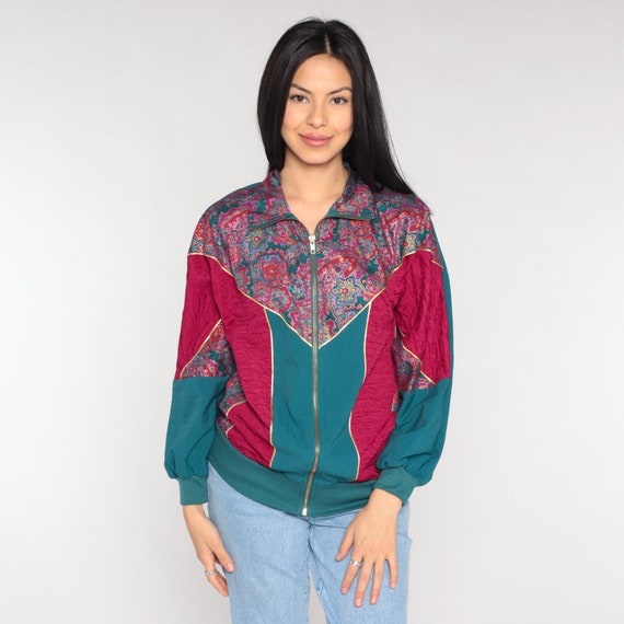 Floral Windbreaker 90s Zip Up Jacket Magenta Green Color Block Retro Flower Print Warmup Boho Hippie Lightweight Shell Vintage 1990s Medium