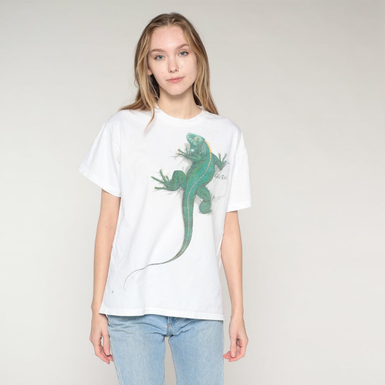 Costa Rica T-Shirt Y2K Iguana Lizard Tropical Graphic Tee Animal Wildlife Reptile TShirt Surfer Tourist Travel Top White Vintage 00s Medium image 2