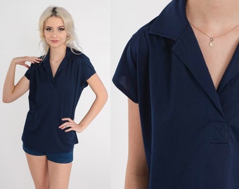 70s Navy Blue Shirt Short Raglan Sleeve Collared Buttonless Polo Shirt 1970s Blouse Notched Collar Retro Vintage Seventies Top Medium